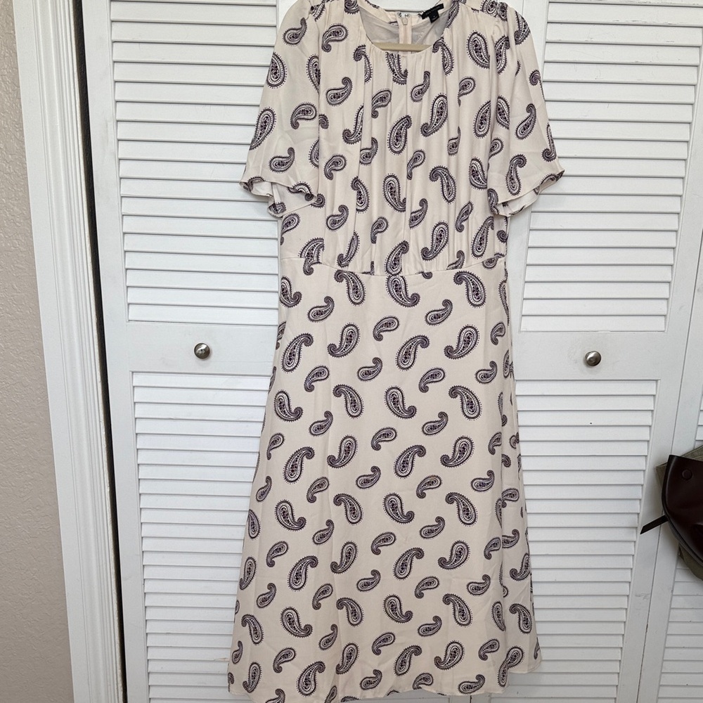 Ann Taylor Cream Paisley Short Flowy Sleeve Midi Dress
